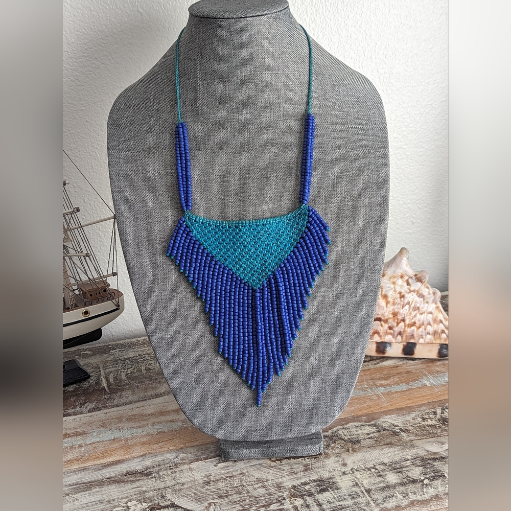 Hand-Crafted Aqua and Purple Beaded Bib Necklace